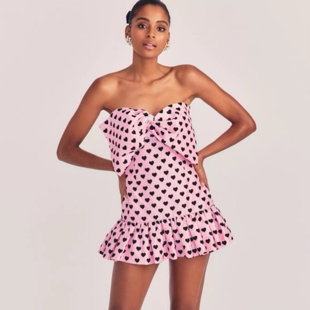 LoveShackFancy Pink & Black Polka Dot Strapless Mini Dress in size 4